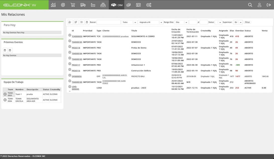 Pantalla de CRM en ELCONIX