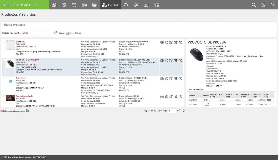 Pantalla de Inventario en ELCONIX