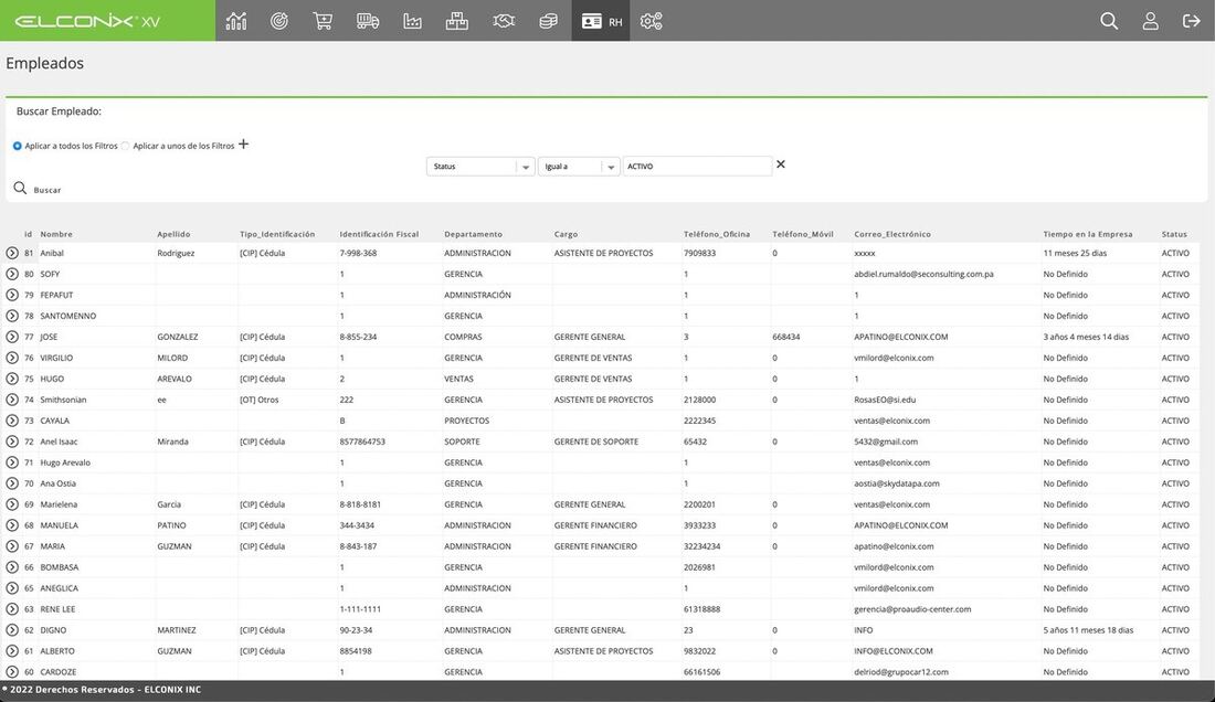 Pantalla de Recursos Humanos en ELCONIX